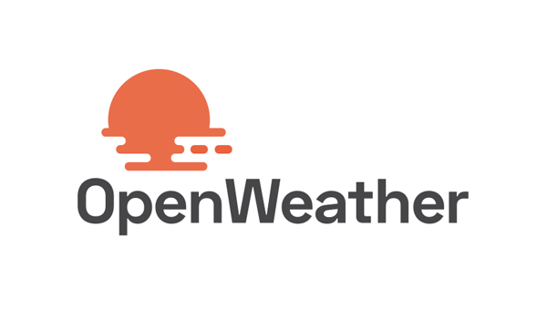 2-D vector art logo of orange sun above open water with a blank white background and Open Weather company name